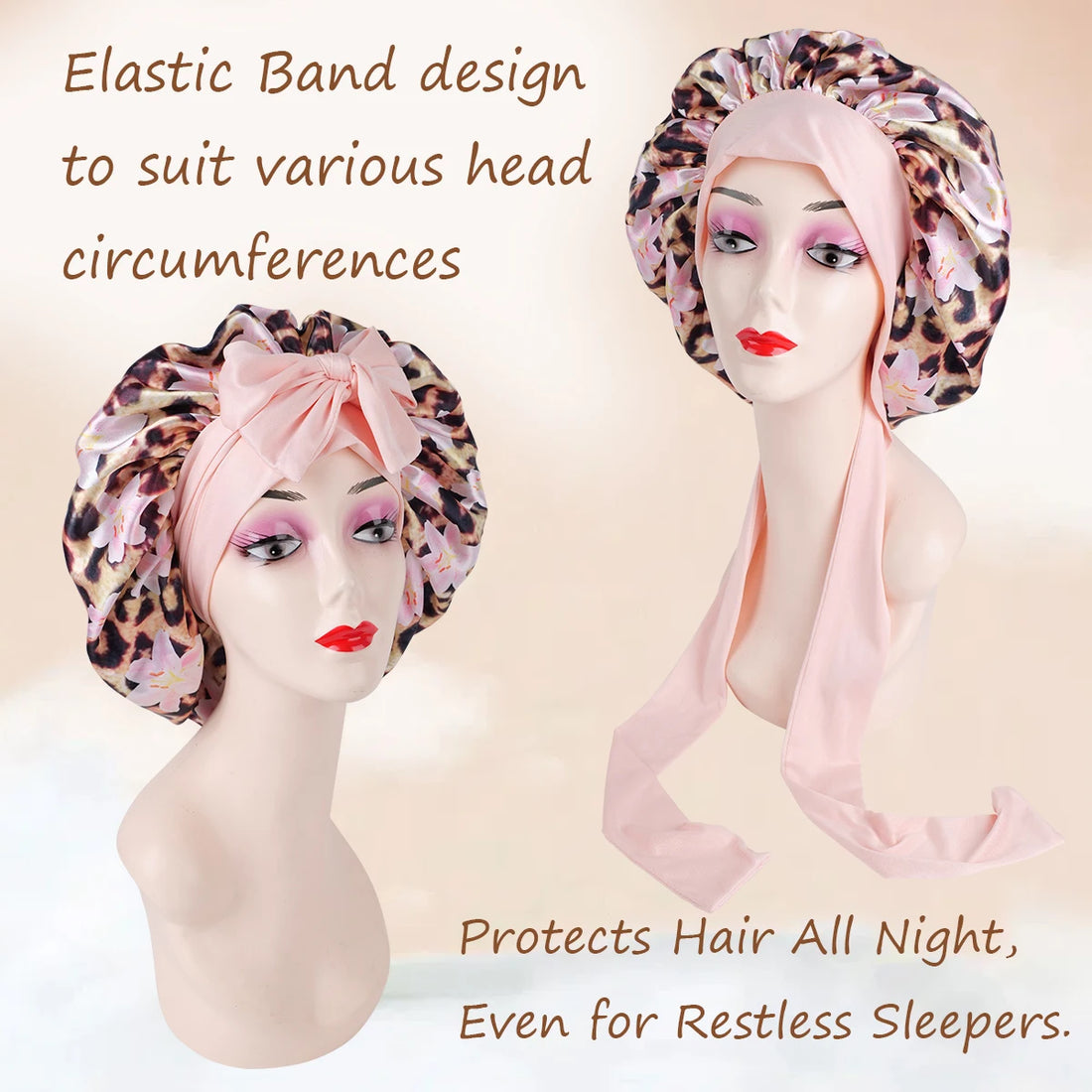 Leopard Print Silky Satin Sleep Bonnet with Adjustable Tie