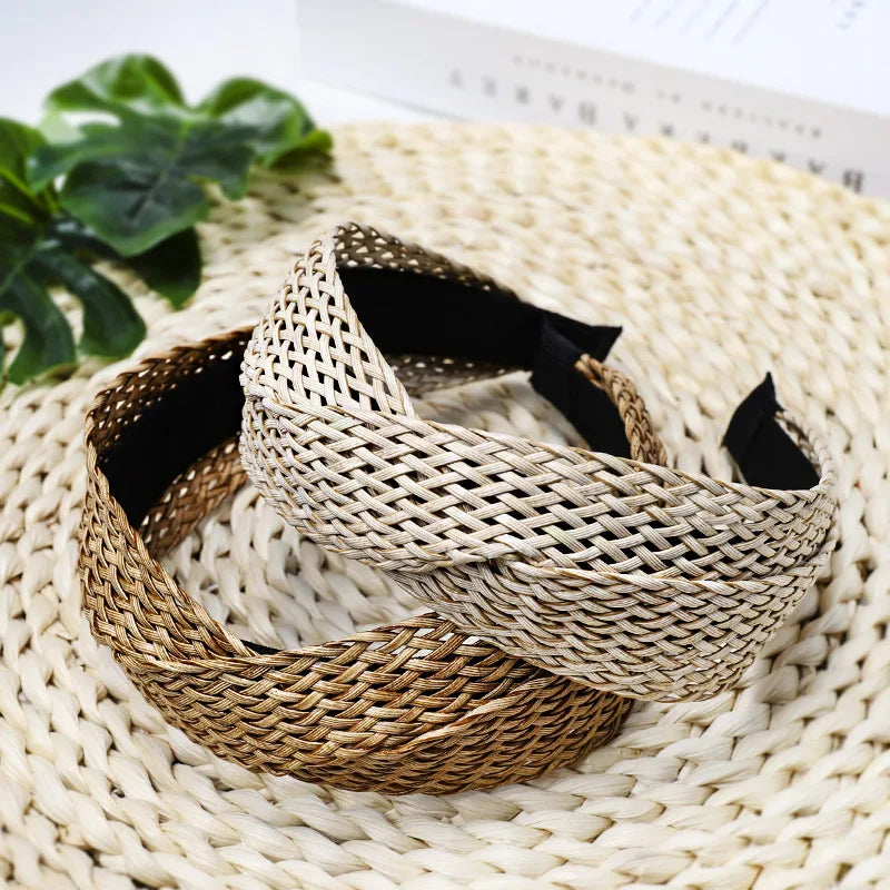 Bohemian Women Cross Knotted Straw Weaving Headband